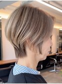 白髪ぼかしハイライトショートボブショートヘアベージュカラー!!