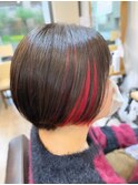 ナチュラルボブ×黒髪ボブ×インナーカラー赤20代30代40代50代