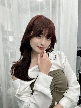 ハピネス 梅田茶屋町店(HAPPINESS) 韓国レイヤーロング/ぱっつん前髪/ピンクベージュ