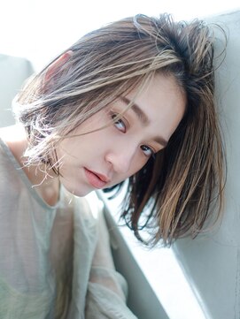 アルバム 銀座(ALBUM GINZA) ワンカールボブ_オリーブカラーハイライトカラー_58088