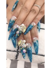 爽やかたらし込みキラキラネイル