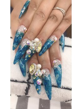 ネイルサロン ティプレシャス(T Precious)/爽やかたらし込みキラキラネイル