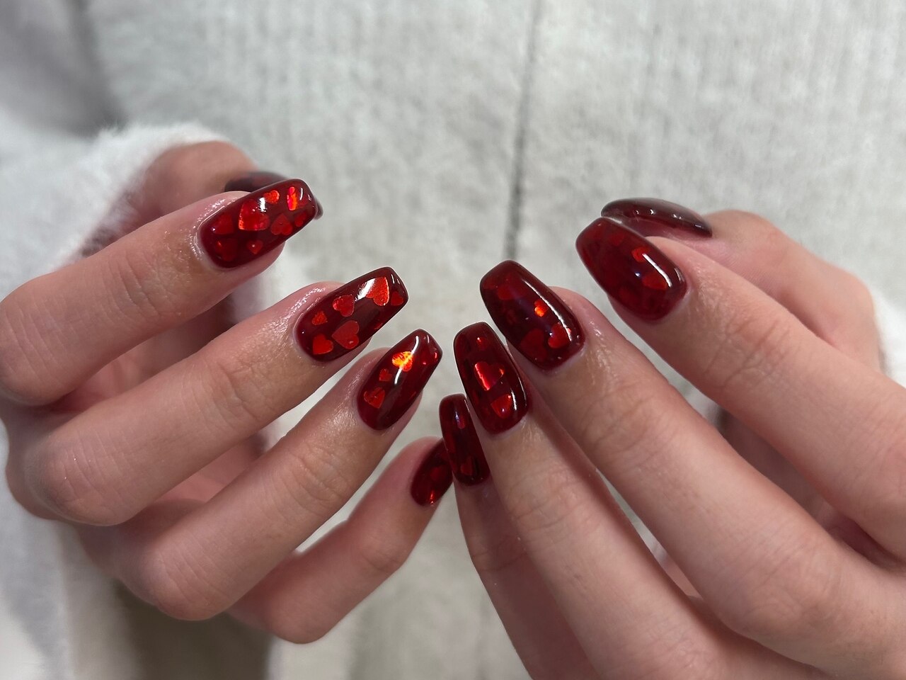 no.035ハートホロうめつくし バレンタイン リボン 赤マグネットネイル