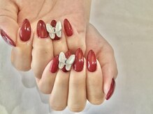 フリースタイル(Free Style)/☆派手カワ赤ロング蝶々ネイル☆