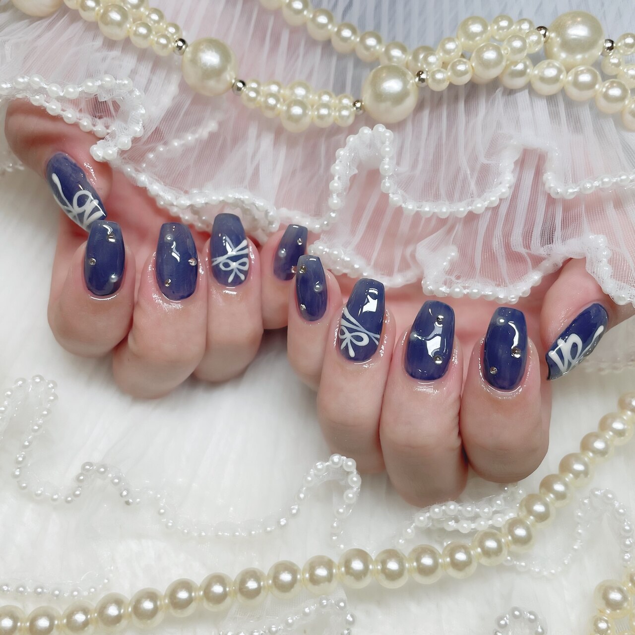【オーダーページ】ネイルチップ　韓国　ネイビー　リボン　ストーン オーダーページ】ネイルチップ 韓国 ネイビー リボン ストーン 2025