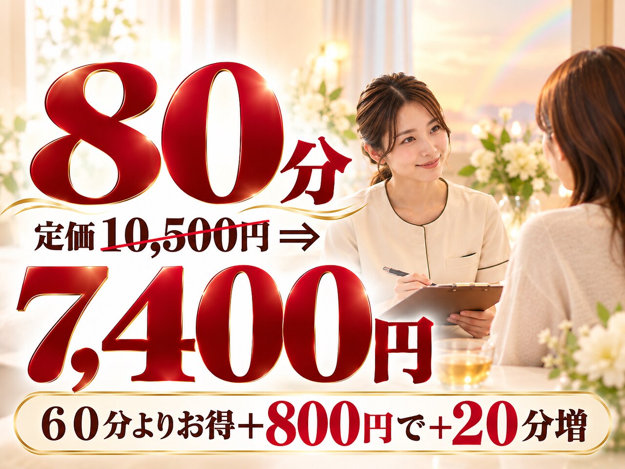 （竹）おまかせ80分定価10,500円⇒7,400円　６０分よりお得＋800円で20分増　