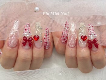 ピオミエルネイル 新宿(pio miel nail)/ツイード×赤リボンの冬ガーリー