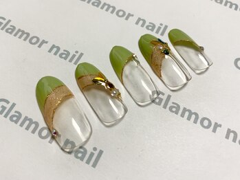 グラマーネイル(Glamor nail)/ナナメフレンチ×ビジューネイル