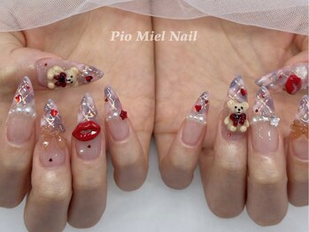 ピオミエルネイル 新宿(pio miel nail)/くまリボン×赤きらきらガーリー