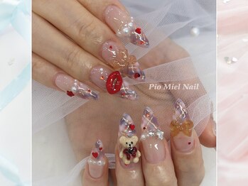 ピオミエルネイル 新宿(pio miel nail)/くまリボン×赤きらきらガーリー