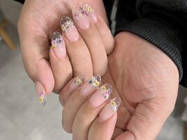 クリアフレンチ×フラワーネイル