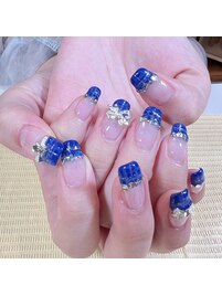 ツイード　パーツ多め 青 リボン