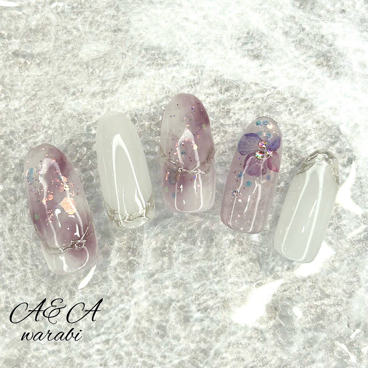 ネイルチップ #02 ブルーグレー マーブル ぷっくりフラワーネイル ネイルチップ #02 ブルーグレー マーブル ぷっくりフラワーネイル