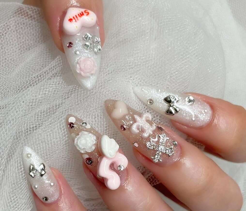 スズ様専用ページネイルチップ 量産型 韓国 ワンホン ピンク フレンチ ハート