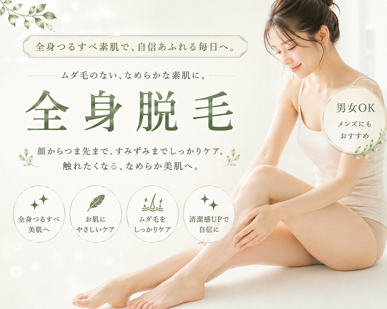 【脱毛初心者歓迎】全身脱毛（顔・VIO込)￥23000→\12000（男性＋\1100)