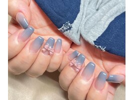 くすみブルーグラデピンクリボン