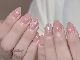 リボンピンク自爪ストーンネイル