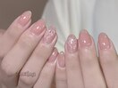 リボンピンク自爪ストーンネイル