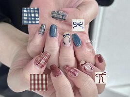 リボン×ギンガムチェックネイル