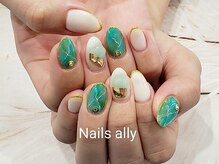 ネイルズアリー 立川店(Nails ally)/ターコイズグリーン×パーツ