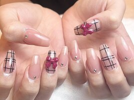 くすみピンク×リボンのチェック