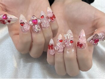 ピンクレッドジュエリーネイル