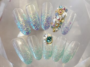 ラリュールネイル(L'Allure nail)/ブルー&グリーンラメグラ￥7700