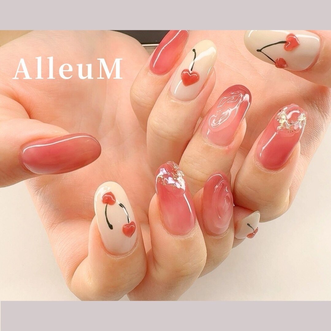 オーダー】ネイルチップ さくらんぼ フレンチネイル 韓国ワンホン