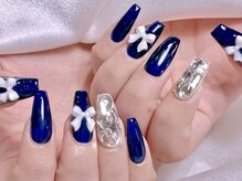 エムズ ネイルサロン(M2)/ネイビー埋め尽くしリボンネイル