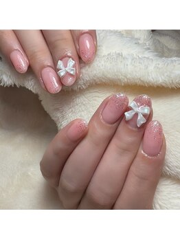 ホワイトネイル 難波店(WHITE NAIL)/うるつや/ピンクラメ/立体リボン