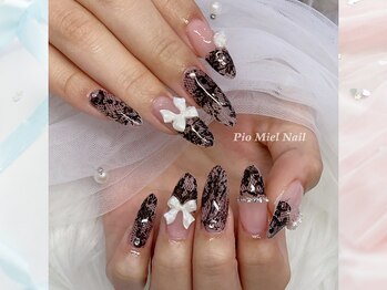 ピオミエルネイル 新宿(pio miel nail)/ブラックレース×リボンストーン