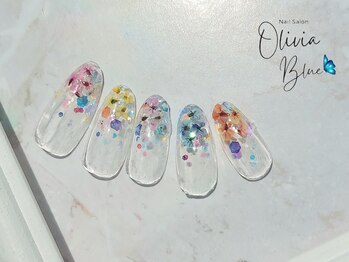 オリビアブルー(Olivia Blue)/押し花グラデーション風ネイル