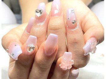 リボン×ちゅるんピンクネイル