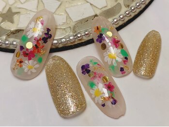 ドロッセル(Drossel)/手描き&押し花　11000円