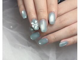 水色マグネット×リボンネイル