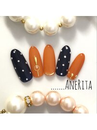 ネイビードット×オレンジネイル