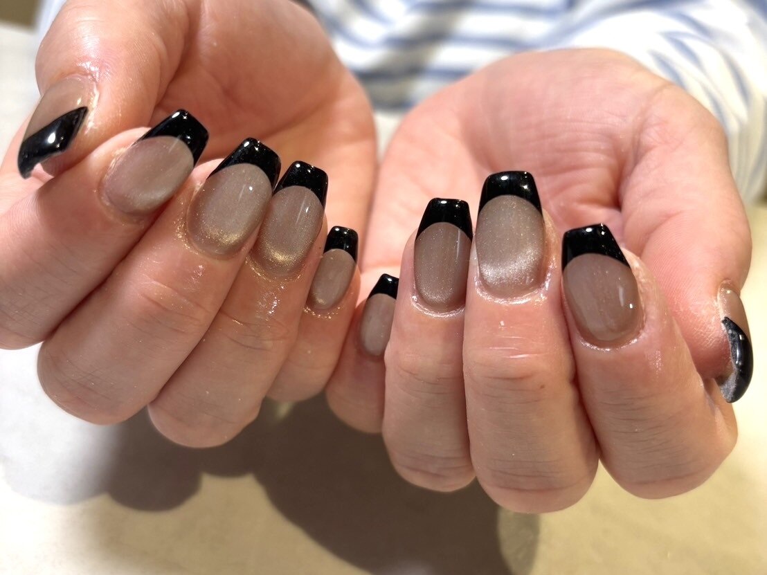 07］ネイルチップ フレンチネイル ブラック ミラーフレンチ オーダー