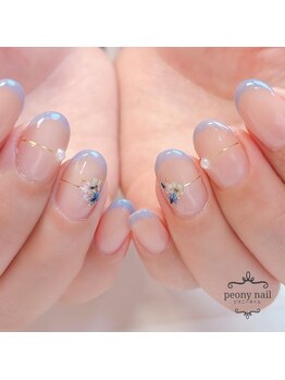 ピオニーネイル(peony nail)/ブルーフレンチと押し花