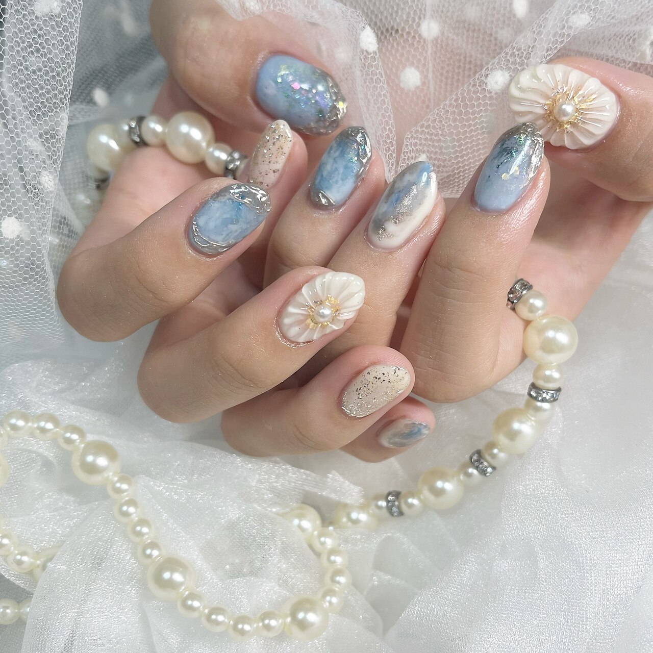 オーダー専】 浴衣 花柄 ネイルチップ 水色 淡色 青 ブルー 蝶々 和 夏