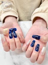 オレンジスティック/色鉛筆 落描きネイル　ネイビー