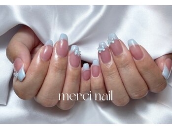 メルシィネイル(merci nail)/水色リボンフレンチネイル
