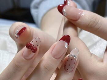 赤フレンチとドット、立体リボン