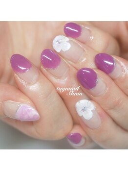 紫フラワー丸フレンチネイル