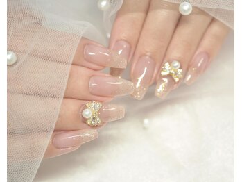 ピンクベージュ×パールリボン