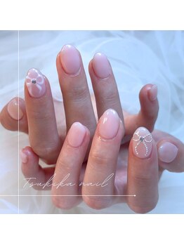 ツキカドットネイル(tsukika.nail)/【SHEER PINK × RIBBON】