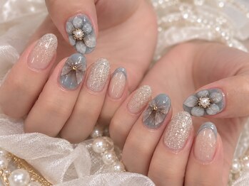 スウィートハート(Sweet Heart)/リボンの上品くすみグレーネイル
