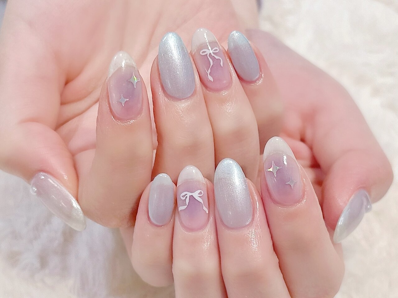 54))リボン ネイルチップ フレンチガーリー 韓国風 ワンカラー くすみブルー 54))リボン ネイルチップ フレンチガーリー 韓国風 ワンカラー