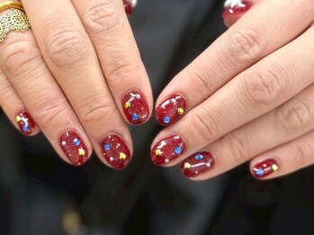 ボルドーラメ/カラフルスタッズ