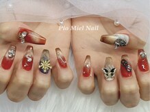 ピオミエルネイル 新宿(pio miel nail)/ブラウンレッド×グラデ×ビジュ