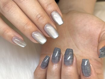 ウィスタリアフィールドネイル MONAD店(WISTARIA FIELD)/手描きチェック ちぐはぐ